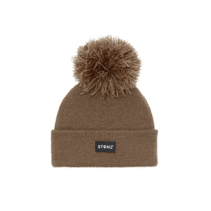Stonz winter Pom beanie in Dune with modern style, soft & warm and machine washable Front View.