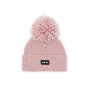 Stonz winter Pom beanie in Haze Pink with modern style, soft & warm and machine washable Front View.