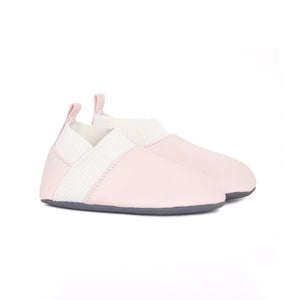 Stonz Yale Soft Sole Baby Slipper in Haze Pink - Ivory, made from all vegan materials. Side view.