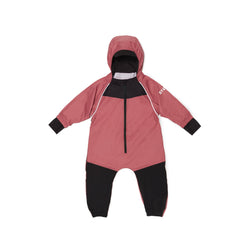 Stonz waterproof one-piece Rain Suit with hood in Dusty Rose for babies & toddlers. Front view.