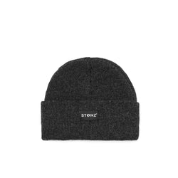 Stonz winter beanie in Heather Charcoal with modern style, soft & warm and machine washable. front view.