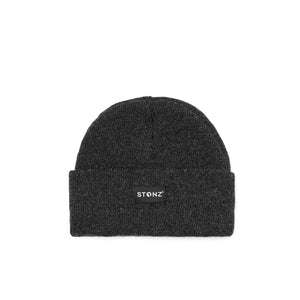 Stonz winter beanie in Heather Charcoal with modern style, soft & warm and machine washable. front view.