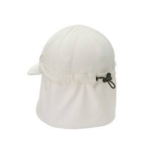 Stonz Flap Cap in Ivory, featuring an adjustable toggle for a secure fit. This lightweight, moisture-wicking sun hat offers UPF 50+ protection and full neck coverage. back view