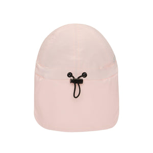 Stonz Flap Cap in Haze Pink with adjustable toggle. Sun hat made with moisture-wicking fabric with UPF 50 sun protection. Back view.