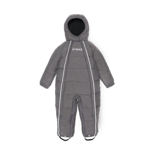 Stonz insulated and warm Snow Suit & Bunting Bag in Heather Grey, for babies & toddlers. Front view.