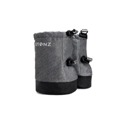 Stonz Winter Baby Booties in Heather Grey with adjustable toggles, weather resistant material and non-slip soles. ¾ turn view.