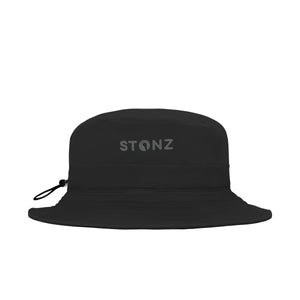 Stonz Bucket hat in Black with soft fabric, comfortable and durable . ¾ turn view.