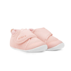 Stonz Cruiser Baby Shoe in Haze Pink, supportive baby shoe with flexible sole and breathable fabric. ¾ turn view.