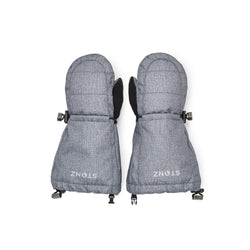 Stonz Winter Kids Mitts in Heather Grey, with adjustable toggles and warm and waterproof material. Front view.