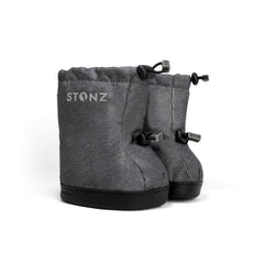 Stonz Winter Toddler Booties in Heather Grey with adjustable toggles, weather resistant material and non-slip soles. ¾ turn view.