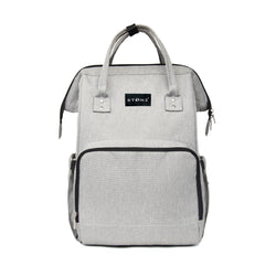 Stonz Diaper Backpack with functional and spacious storage in Light Grey, Front View.