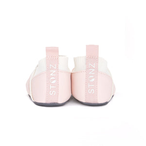 Stonz Yale Soft Sole Baby Slipper in Haze Pink - Ivory, made from all vegan materials. Back view.
