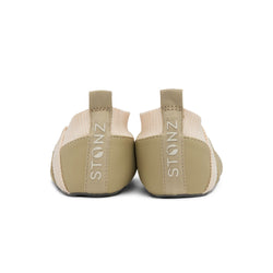 Stonz Yale Soft Sole Baby Slipper in Olive - Smoky Cream, made from all vegan materials. Back view.