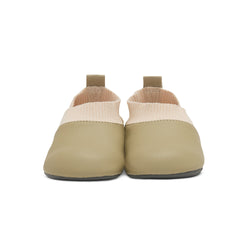 Stonz Yale Soft Sole Baby Slipper in Olive - Smoky Cream, made from all vegan materials. Front view.
