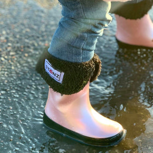 Stonz Fleece Rain Boot Liners in Black, worn with Rain Boots.