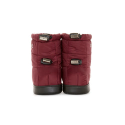 Stonz Winter Puffer Toddler Booties in Ruby with adjustable toggles, weather resistant material and non-slip soles. Front view.