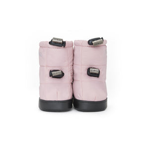 Stonz Winter Puffer Toddler Booties in Haze Pink with adjustable toggles, weather resistant material and non-slip soles. Front view.