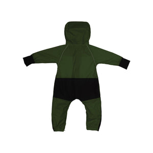 Stonz waterproof one-piece Rain Suit with hood in Cypress for babies & toddlers. Back view.