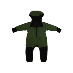 Stonz waterproof one-piece Rain Suit with hood in Cypress for babies & toddlers. Front view.