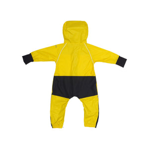 Stonz waterproof one-piece Rain Suit with hood in Yellow for babies & toddlers. Back view.