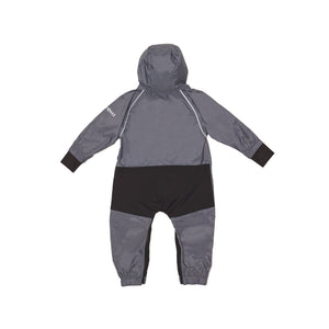 Stonz waterproof one-piece Rain Suit with hood in Heather Grey for babies & toddlers. Back view.