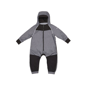 Stonz waterproof one-piece Rain Suit with hood in Heather Grey for babies & toddlers. Front view.