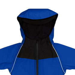 Stonz Rain Suit in Blue close up front view of hood.