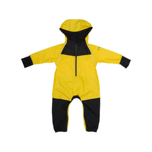 Stonz waterproof one-piece Rain Suit with hood in Yellow for babies & toddlers. Front view.