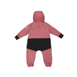 Stonz waterproof one-piece Rain Suit with hood in Dusty Rose for babies & toddlers. Back view.