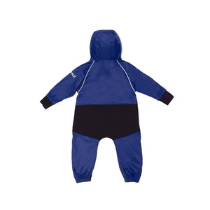 Stonz waterproof one-piece Rain Suit with hood in Navy for babies & toddlers. Back view.