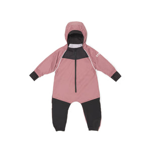 Stonz waterproof one-piece Rain Suit with hood in Haze Pink - Lotus for babies & toddlers. Front view.