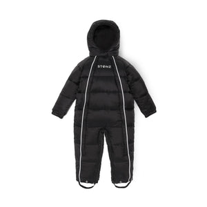 Stonz insulated and warm Snow Suit & Bunting Bag in Black, for babies & toddlers. Front view.