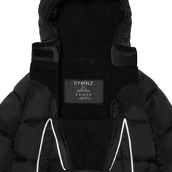 Stonz Snow Suit in Black, close up front view of hood and zipper closure.